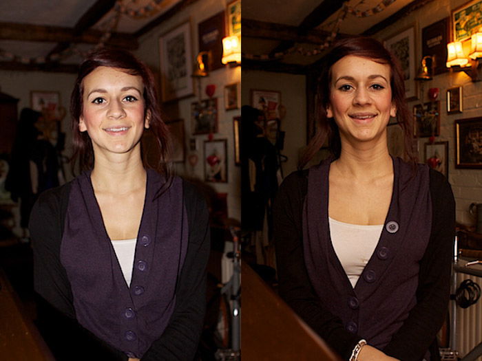 Diptych portrait of a female model comparing the use of SO 400, 1/60 and f3.2 with a pop up flash and ISO 400, 1/50 and f.4 with a flash bouncing at 150° from the subject