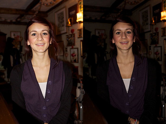 Diptych portrait of a female model comparing the use of an external flash