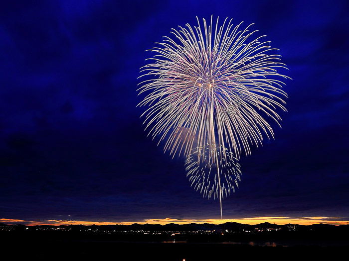 A photograph of a coconut firework bursting against deep blue sky