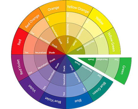 Sample color wheel, highlighting green tones for Monochrome vs. black and white photography