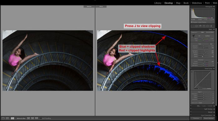 Screenshot of using Lightroom Keyboard shortcuts to editing a photo of a little girl posing on a stairs