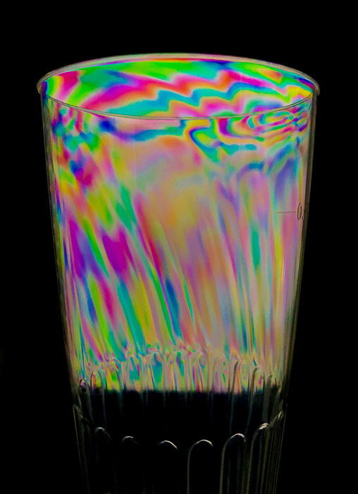 Photoelasticity effect on clear plastic cup