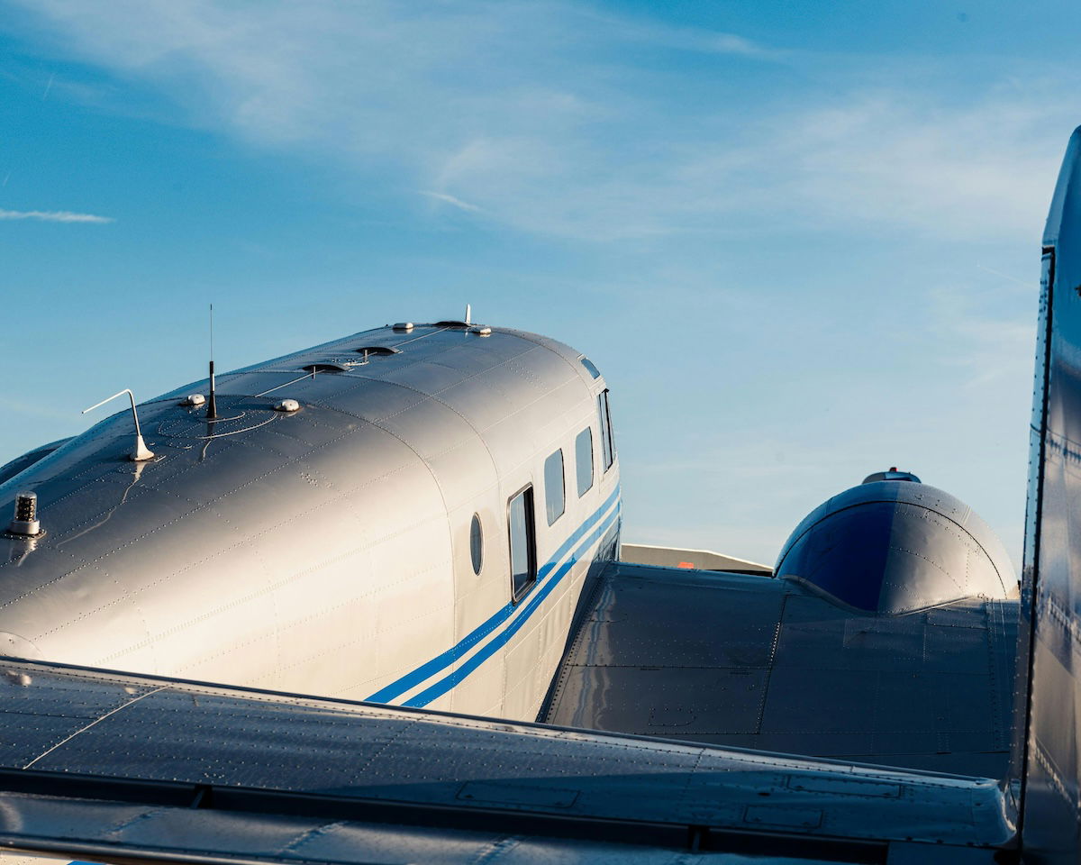 An abstract close-up of a Beechcraft 18 S plane as an example of aviation photography