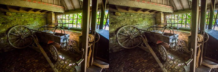 diptych photo of an interior with Left: Effect of setting contrast to maximum. Right: No added contrast but maximum Clarity enhances details and texture but can also increase visibility of noise