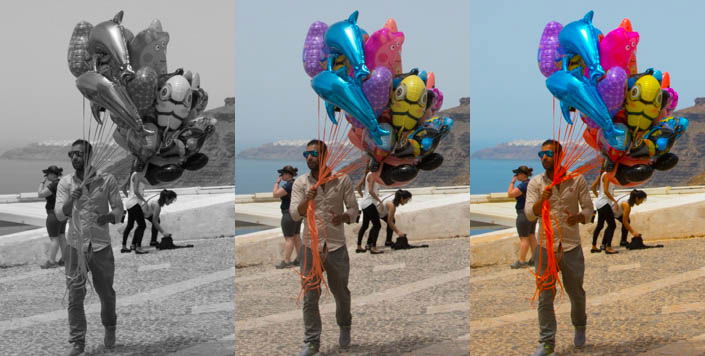 a triptych of the same portrait image with different Saturation and Vibrance settings - lightroom develop module