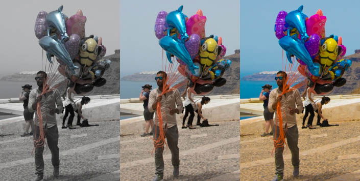 a triptych of the same portrait image with different Saturation and Vibrance settings - lightroom develop module