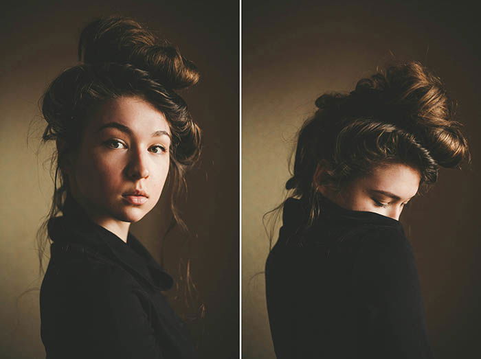 Self-portrait photography of a dark haired girl using two pictures to make a diptych. 