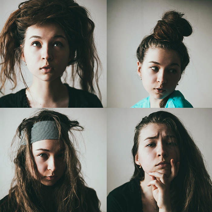 Four photo grid of a female model making silly faces showing how to have fun with self-portraiture