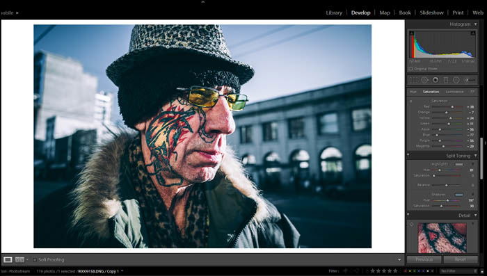 editing street photography in lightroom - split toning - picture of an old man with a colorful face tattoo and eccentric clothes