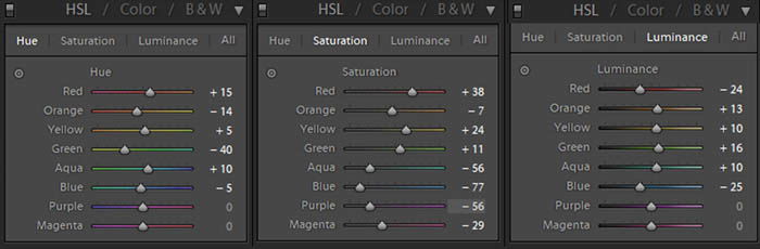 the hue, saturation and luminance features in Lightroom