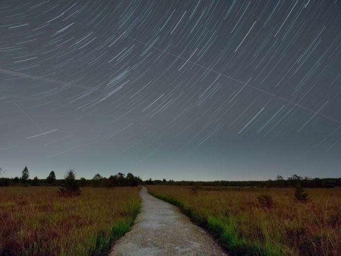 star trails photography over the high fens plateau in Belgium, with a road in the foreground