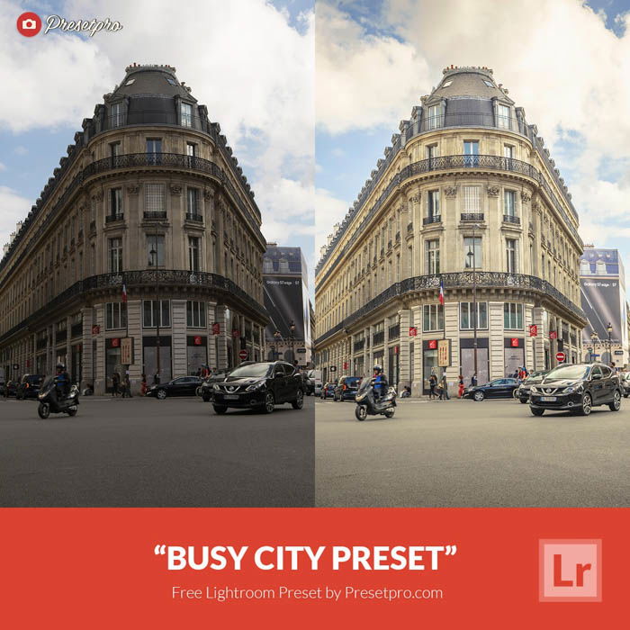 Showing a before and after photograph of a street using free Lightroom presets - busy street