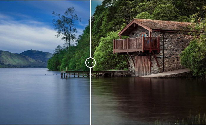 Showing a before and after image of a water-side cabin using presets for lightroom by Travel by Photonify