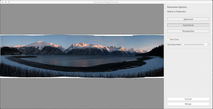 A stunning panoramic photo of an icy landscape being edited in Lightroom