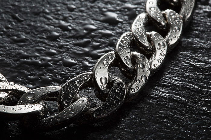 A silver chain shot with diy lighting