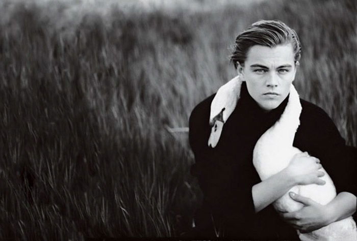 A black and white portrait of Leonardo DiCaprio holding a swan by Annie Leibovitz female photographer