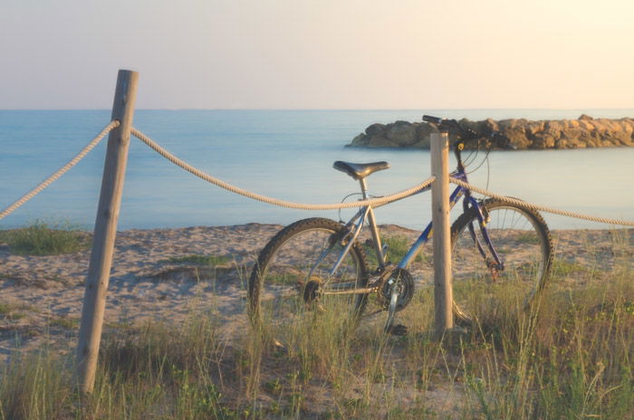 A dreamy photo of a bike resting against a wooden fence with the sea in the background