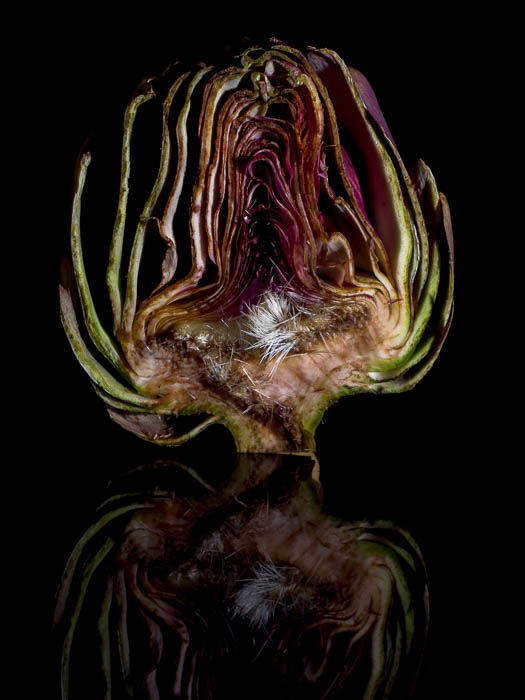 A half artichoke in front of a black background with its reflection