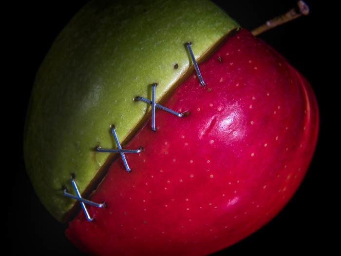 Two half apples sewed together - Macro photography tips