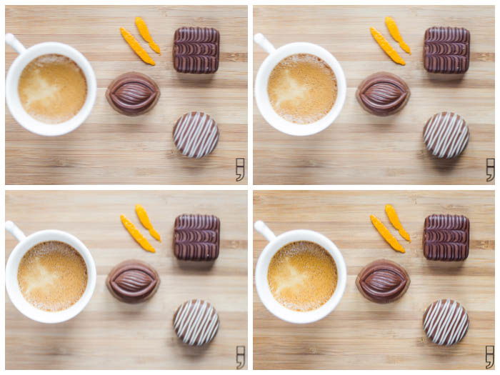 Collage of pictures depicting a cup of coffee with pralines on a wooden plate