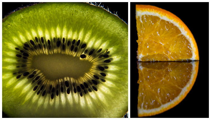 A collage of a picture of a half kiwi and an orange slice