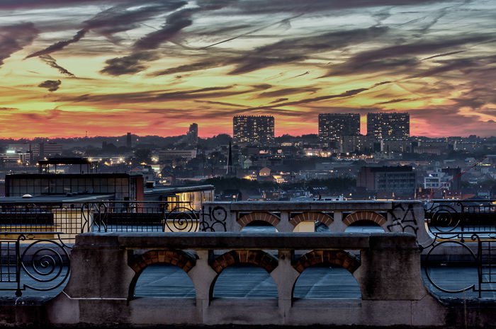 dramatic colorful skyline of Brussels from the belvedere of Place Poelaert (Justice Palace).