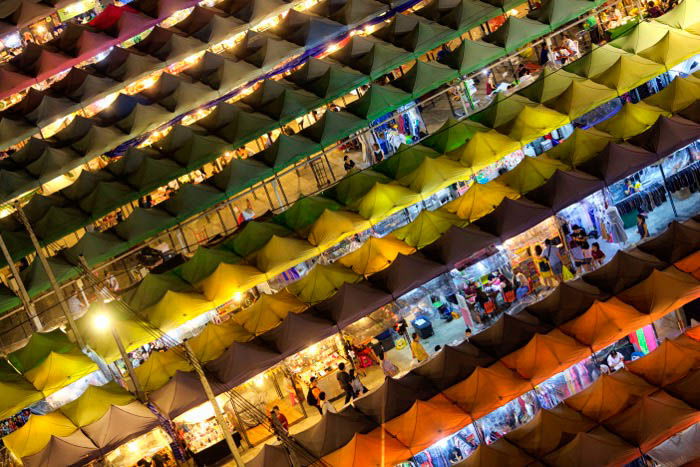 An aerial view of a market place at night