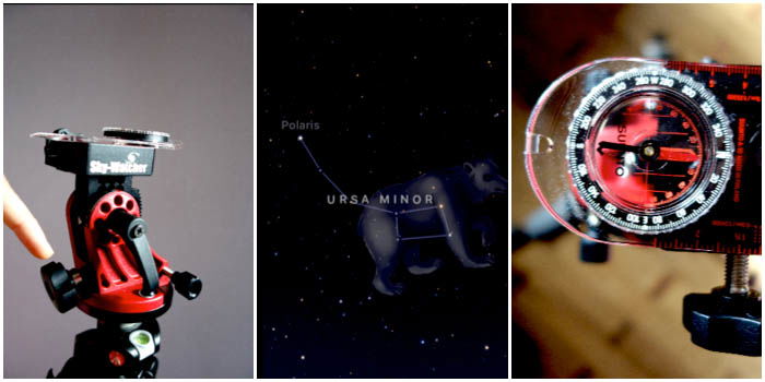 A collage of three photos: one shows a camera mount; the second features a sonstellation; and the third displays a sextant. 