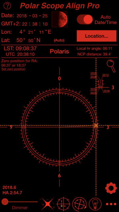 A smartphone displaying a celestial navigation app with a nighttime satellite view.