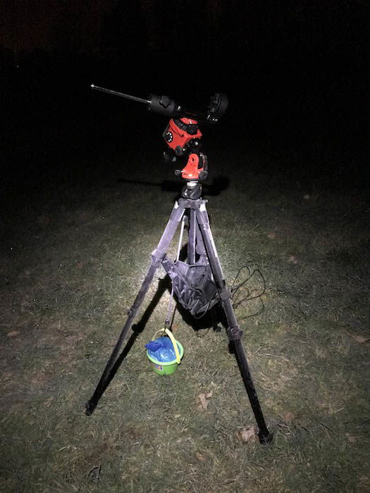 SkyWatcher Star Adventurer with a tripod and child's play bucket to weigh it down