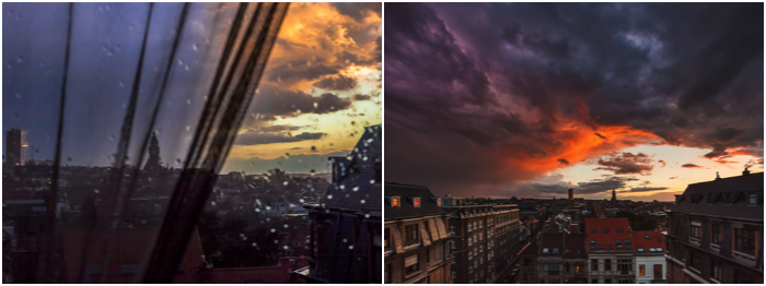 2 photos showing dramatic weather and colored clouds over an urban cityscape