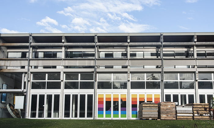 Front view of the multilayered, multi windowed Student Union Building, University of Canterbury, New Zealand.