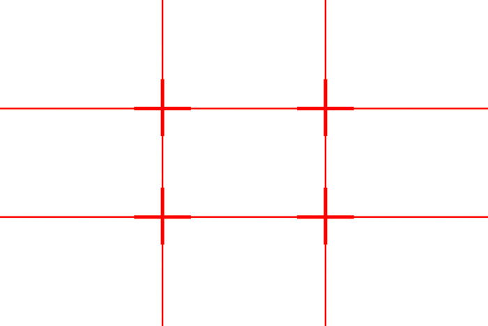 A red grid showing the rule of thirds grid (two horizontal lines and two vertical lines)