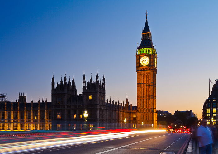 Atmospheric London street scene photographed during the blue hour