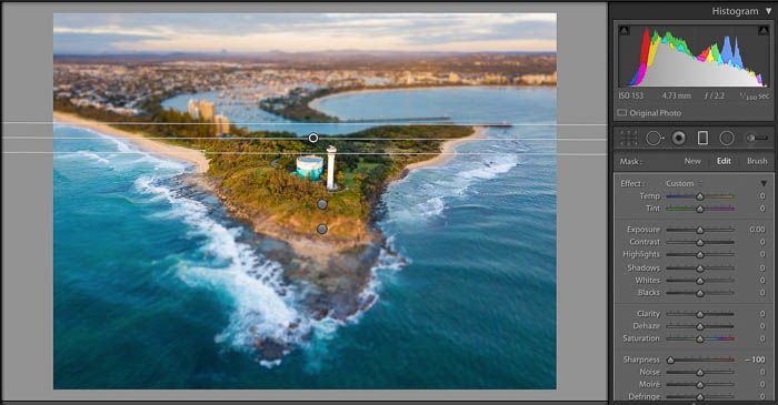 Screenshot of editing a coastal landscape using Lightroom graduated filter tool - blur effects for Lightroom filters