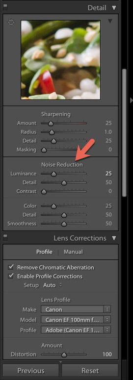 Screenshot of using noise reduction in Lightroom 