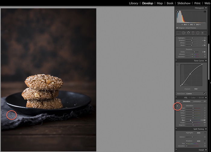 Shot of Adobe Lightroom interface, editing a photo of ginger cookies.