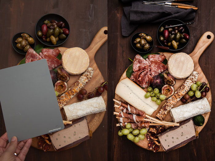 Diptych of a food board on a wooden table, demonstrating shooting with a grey card.