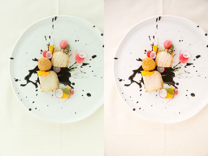 Diptych food photography of a white plate with a creative dessert, the same subject with different lighting.