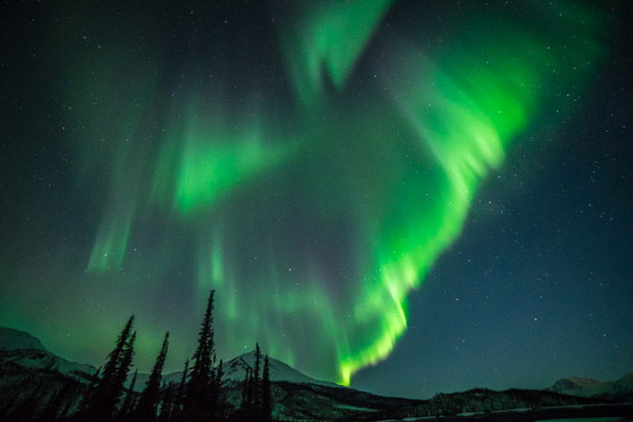 Stunning landscape with northern lights and starry sky above trees and mountain. 