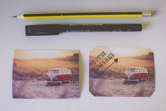 Two photographs of a Volkswagen van beside a pen and pencil and one personalized as an idea of what to do with photos