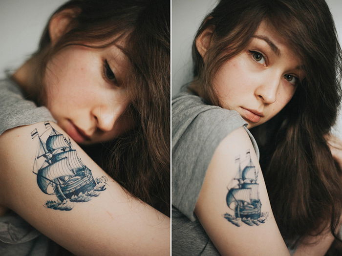 Diptych photography of a girl with ship tattoo on her arm. Self portrait photography tips.