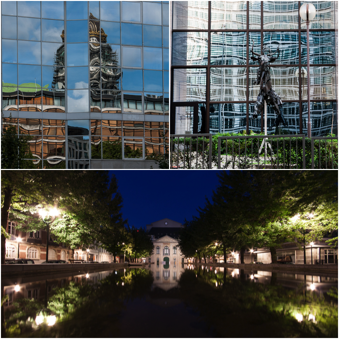 City photography ideas: three photograph collage showing reflected surfaces and patterns in windows and water