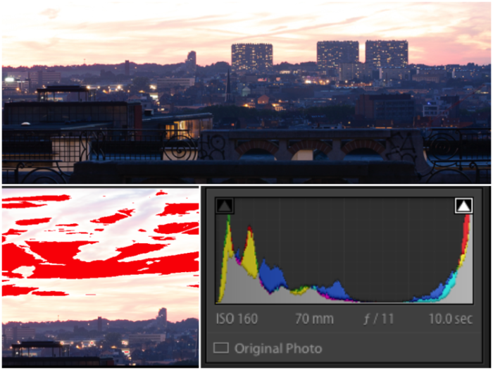 Triptych photo collage showing a cityscape and lightroom screens.