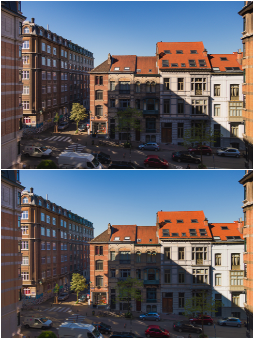 A diptych of the same street scene shot at a single exposure 0EV (top) vs -2EV, 0EV and +2EV exposures (bottom)