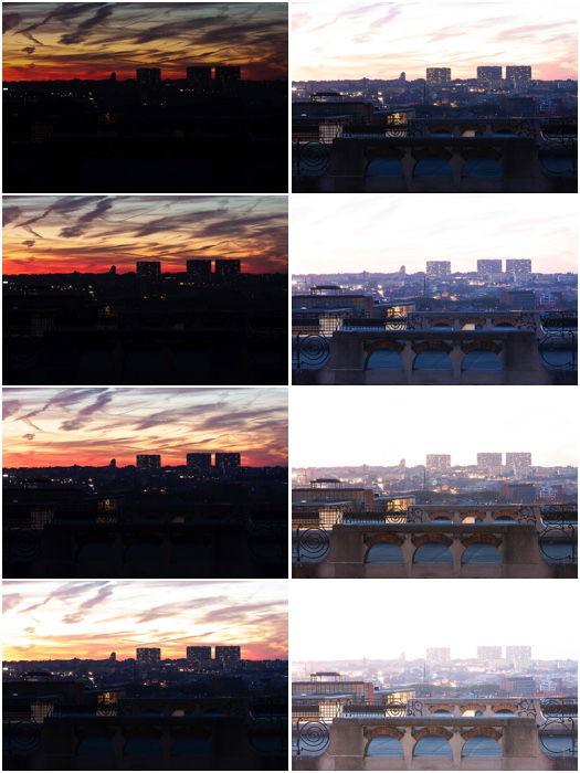 Multiple photographs of a cityscape with different exposures. All photos were taken 1 EV apart.