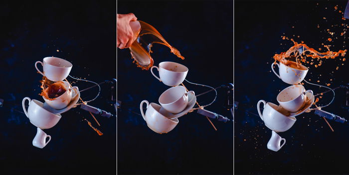 A creative coffee splash photography triptych of still life with falling coffee cups on dark background