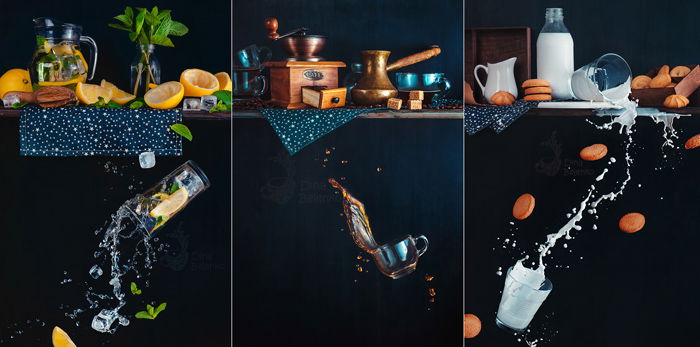 A creative photography triptych of still life with falling glasses of liquid splashing on dark background