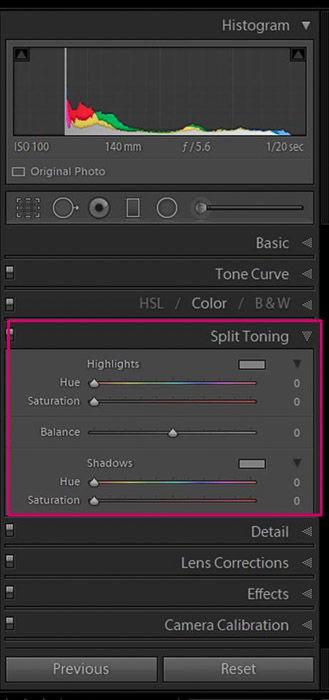 Screenshot of Adobe Lightroom split toning panel for editing flower photography 