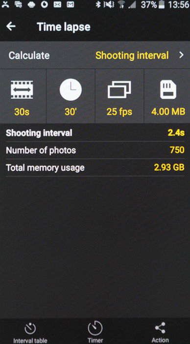 Screenshot of PhotoPills app time lapse calculator